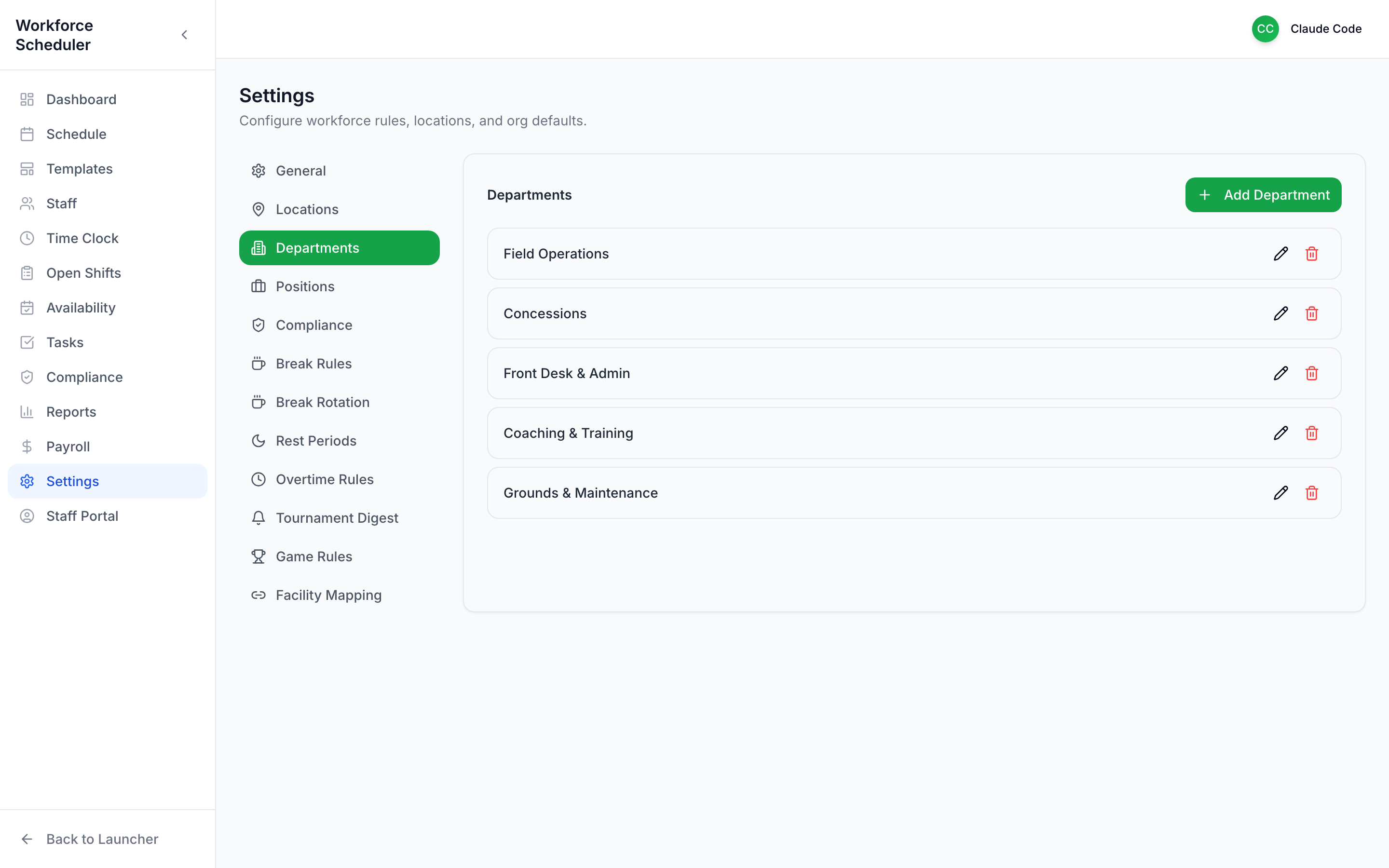 Settings — Departments