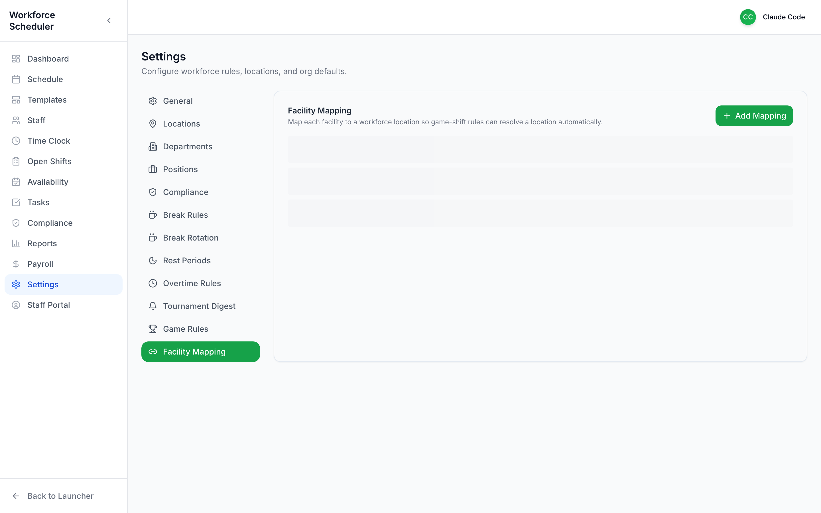 Settings — Facility Mapping