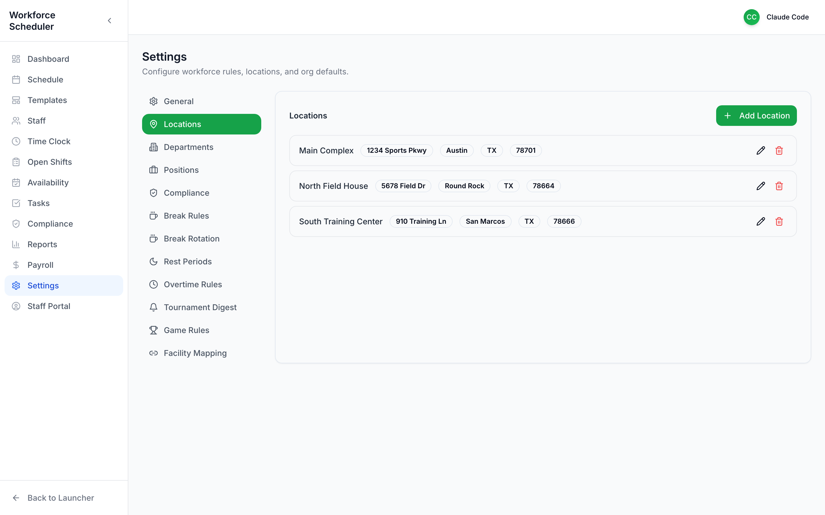 Settings — Locations