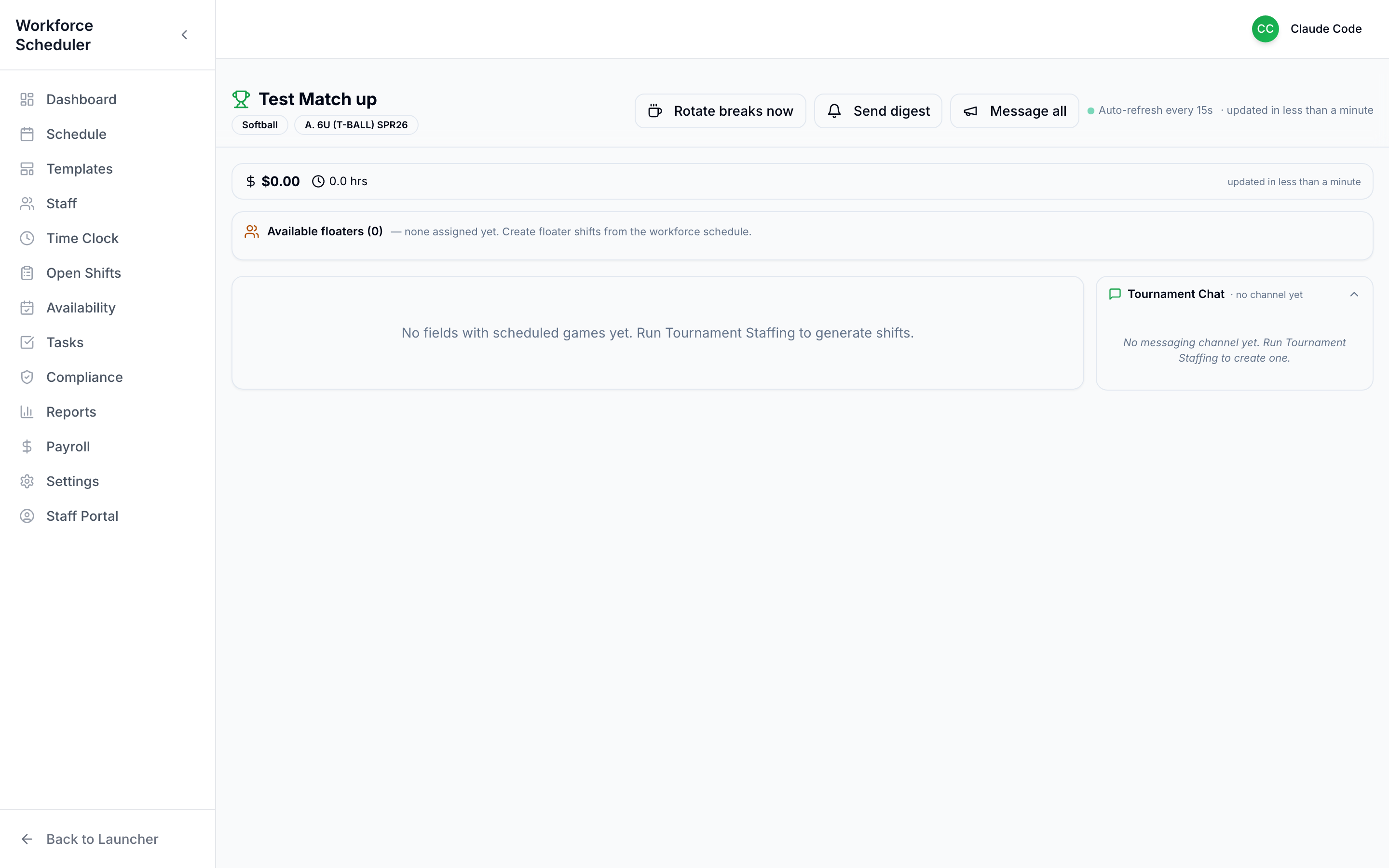 Tournament Live dashboard